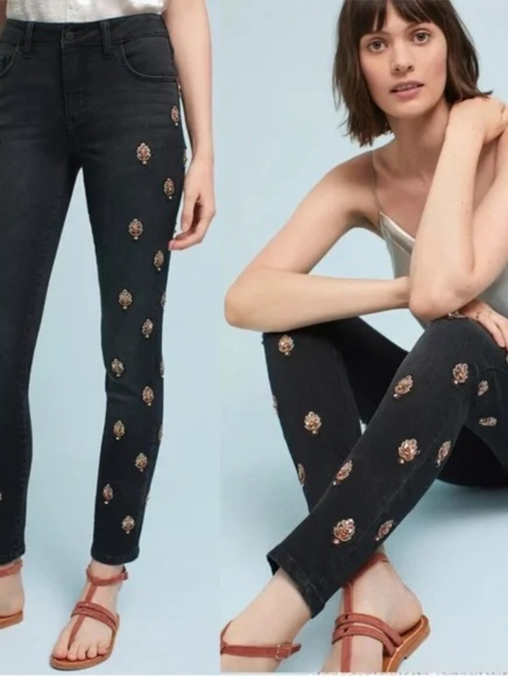 Pilcro and the Letterpress Black Skinny Jeans with Rose Embellishments